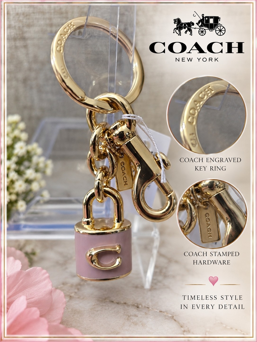 COACH Pink Enamel Padlock C Logo Gold Bag Charm Keychain NWT